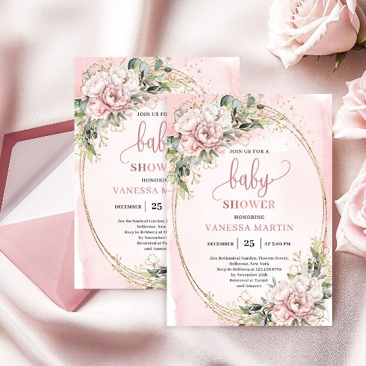 Boho Sweet Blush Floral Greenery Girl Baby Shower Einladung