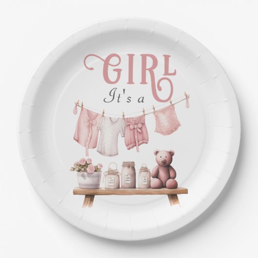 Boho Sweet it a Girl Pink Clothesline Baby Showdus Pappteller (Vorderseite)