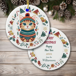 Boho Tabby Cat im Winter Sweater Christmas Keramik Ornament