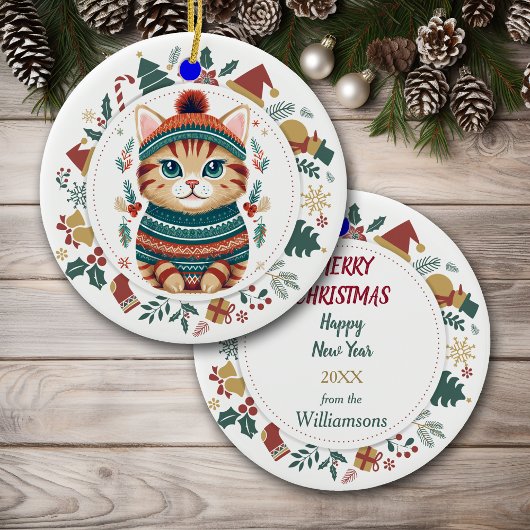 Boho Tabby Cat im Winter Sweater Christmas Keramik Ornament