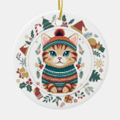 Boho Tabby Cat im Winter Sweater Christmas Keramik Ornament (Vorne)