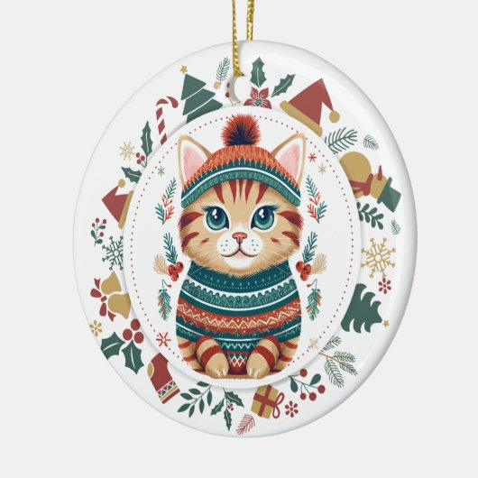 Boho Tabby Cat im Winter Sweater Christmas Keramik Ornament (Links)