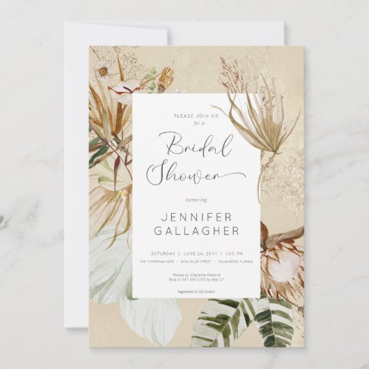 Boho Tan Floral Grass Brautparty Einladung (Vorderseite)