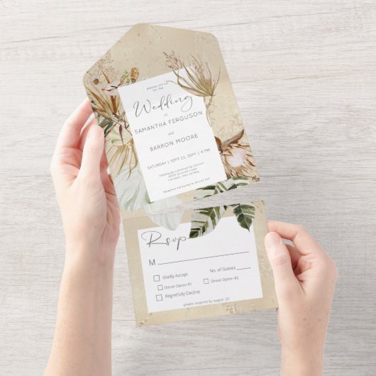 Boho Tan Floral Grass Dinner All In One Einladung (Abreißen)