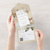 Boho Tan Floral Grass QR Code All In One Einladung (Abreißen)