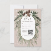 Boho Tan Pine Winter Sparkle QR-Code RSVP Karte (Vorderseite)