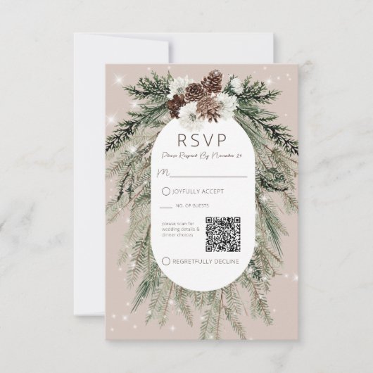 Boho Tan Pine Winter Sparkle QR-Code RSVP Karte (Vorderseite)