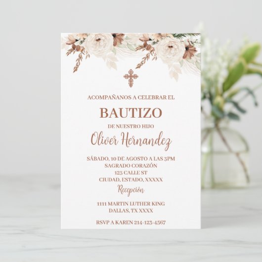 Boho Taufe Spanische Einladung (Stehend Vorderseite)