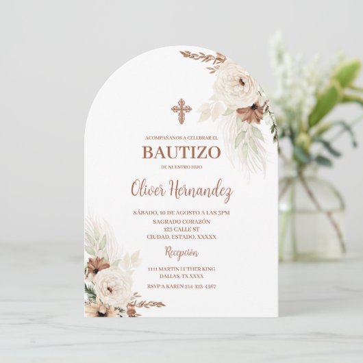 Boho Taufe Spanische Einladung (Stehend Vorderseite)