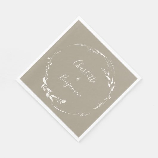 Boho Taupe Floral Wreath Calligraphy Personalisier Serviette (Ecke)