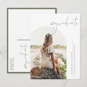 Boho Taupe Green Minimalistisch Arch Foto Abschlus Einladungspostkarte