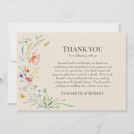 Boho Taupe Wildblume Meadow Wedding Dankeskarte (Vorderseite)