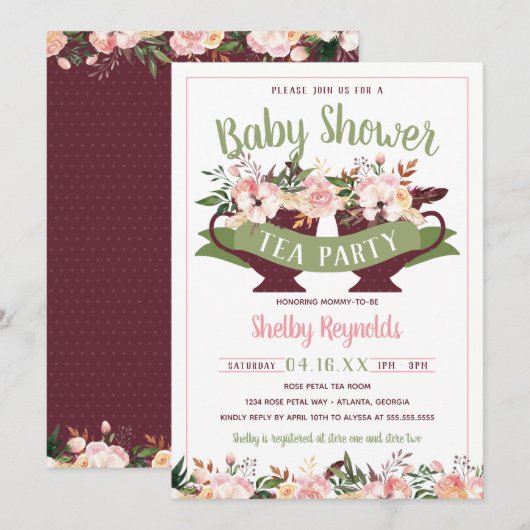 Boho Tea Party Kinderdusche Einladung (Vorne/Hinten)