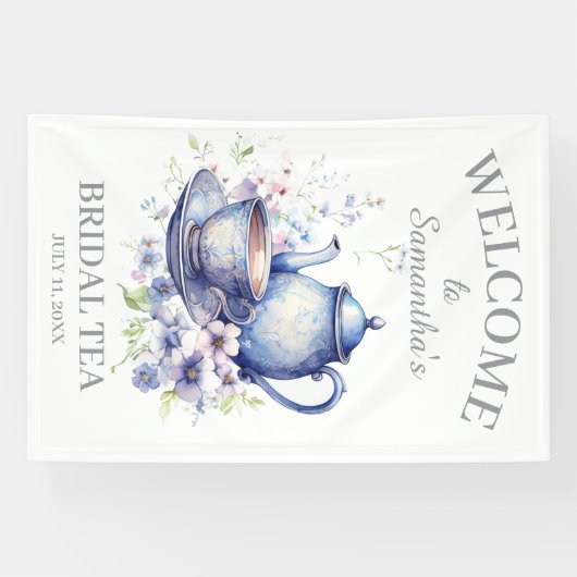 Boho Tea Pot Floral Blue Brautparty Tee Party Banner (Horizontal)