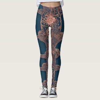 Boho Teal und Kupfer-Spitzen-Filigran-Grafik AI-Ku Leggings
