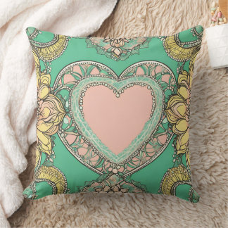 Boho teal & yellow heart mandala floral AI art Kissen