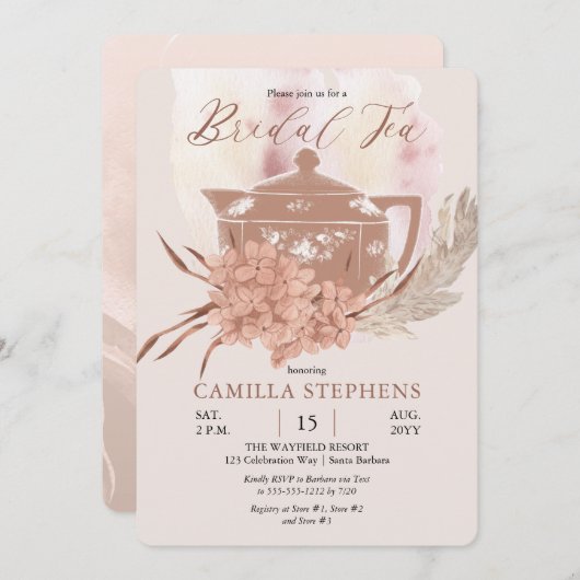 Boho Teapot | Hydrangeas | Pampas Grass Bridal Tee Einladung (Vorne/Hinten)