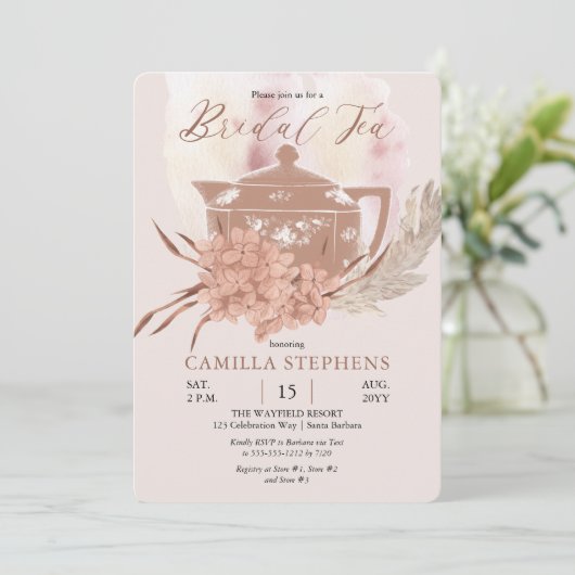 Boho Teapot | Hydrangeas | Pampas Grass Bridal Tee Einladung (Stehend Vorderseite)
