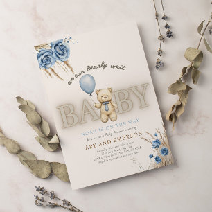 Boho Teddy Bär Junge Blau Bär Kaum Warten Baby Einladung
