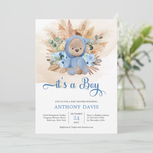 Boho Teddy Bär mit einem Pampasgras-Sweatshirt Einladung (Stehend Vorderseite)