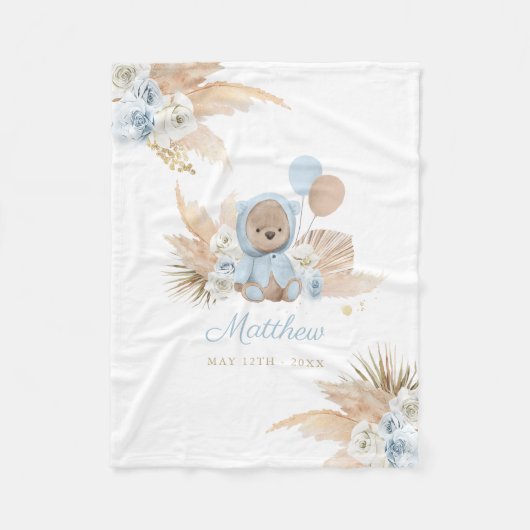 Boho Teddy Bear Baby Dusche Geschenk Boy Blue Bear Fleecedecke (Vorderseite)