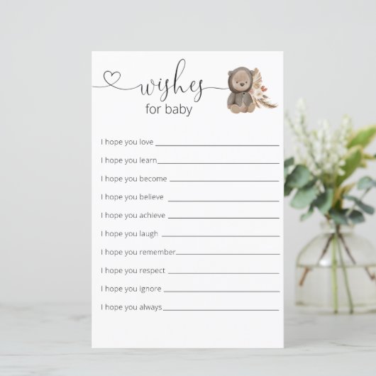 Boho Teddy Bear Baby Dusche wünscht sich für Baby (Stehend Vorderseite)