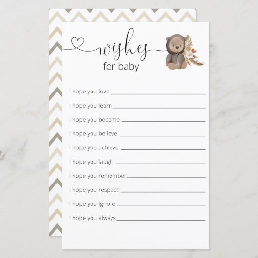 Boho Teddy Bear Baby Dusche wünscht sich für Baby (Vorne/Hinten)