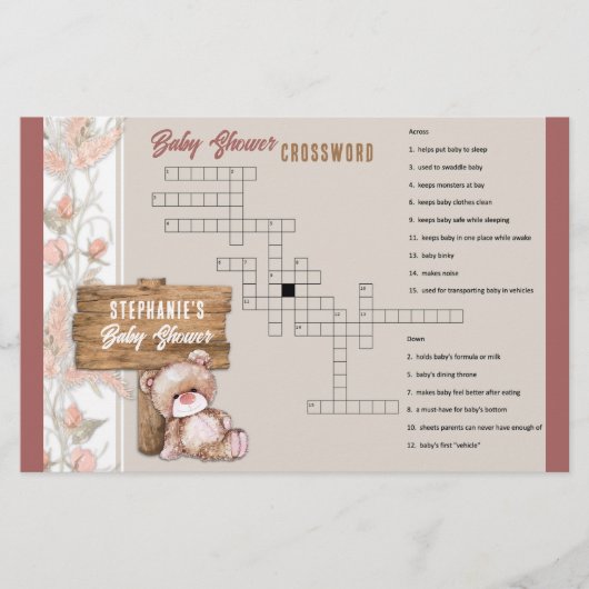 Boho Teddy Bear Baby Shooter Crossword Game Briefpapier (Vorderseite)
