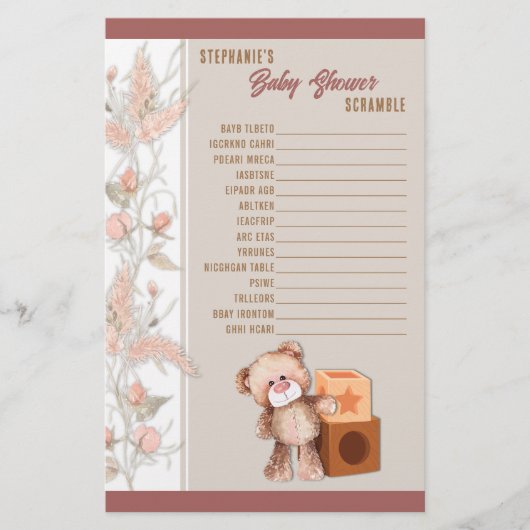 Boho Teddy Bear Baby Shooting Scramble Game Briefpapier (Vorderseite)