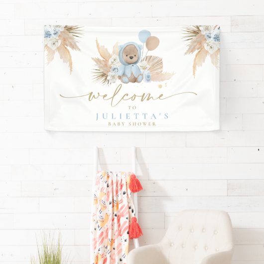 Boho Teddy Bear Baby Shower Boy Blue Bär Willkomme Banner (Insitu)