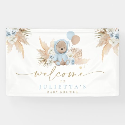 Boho Teddy Bear Baby Shower Boy Blue Bär Willkomme Banner (Horizontal)