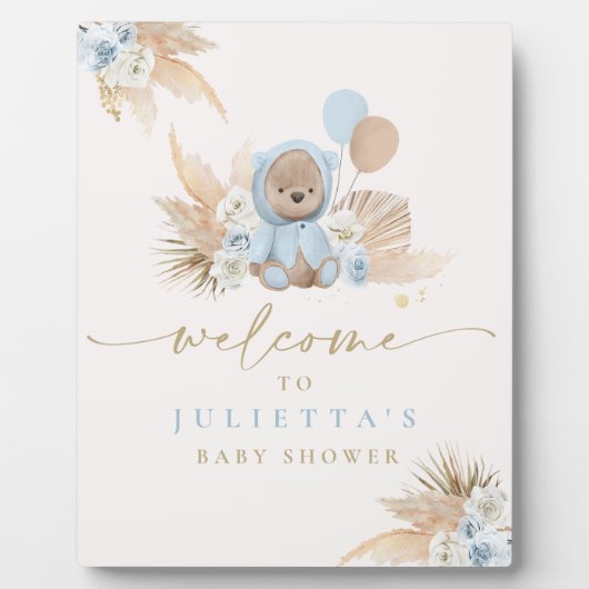 Boho Teddy Bear Baby Shower Boy Blue Bär Willkomme Fotoplatte (Vorderseite)