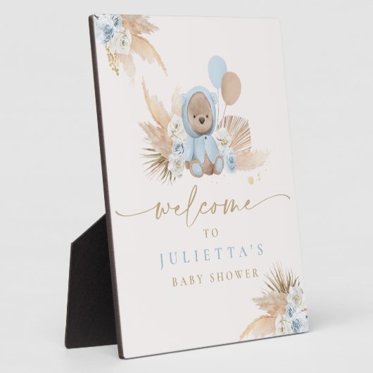 Boho Teddy Bear Baby Shower Boy Blue Bär Willkomme Fotoplatte (Seite)