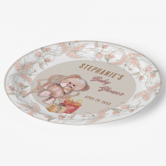 Boho Teddy Bear Baby Shower Pappteller (Schrägansicht)