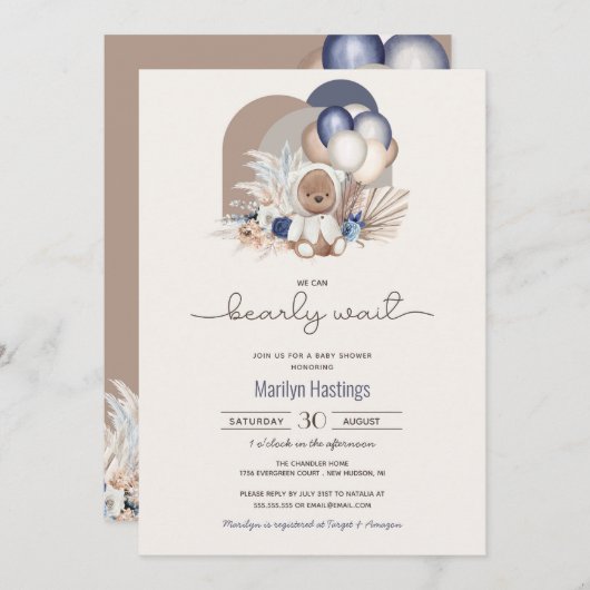 Boho Teddy Bear & Balloons Bearly Wait Baby Dusche Einladung (Vorne/Hinten)