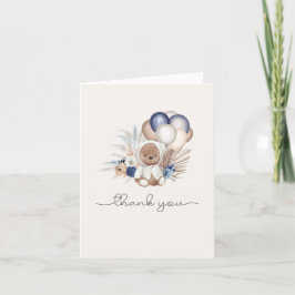 Boho Teddy Bear & Balloons - blau, braun, neutral Dankeskarte