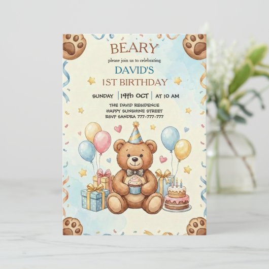 Boho Teddy Bear Beary First 1st Birthday Party Einladung (Stehend Vorderseite)