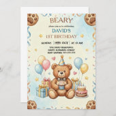 Boho Teddy Bear Beary First 1st Birthday Party Einladung (Vorne/Hinten)