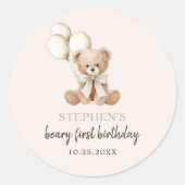 Boho Teddy Bear Beary First 1st Birthday Party Runder Aufkleber (Vorderseite)