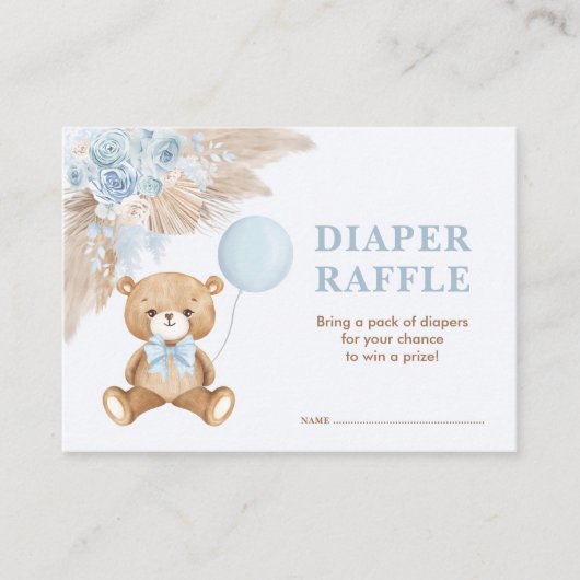Boho Teddy Bear Blue Balloon Diaper Raffle Begleitkarte (Vorderseite)