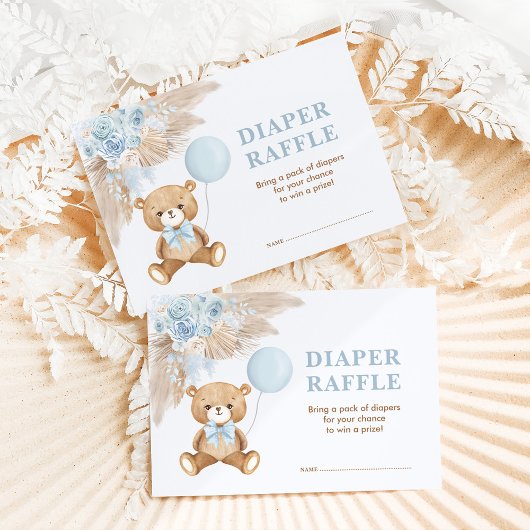Boho Teddy Bear Blue Balloon Diaper Raffle Begleitkarte