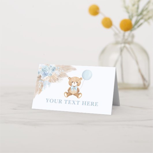 Boho Teddy Bear Blue Balloon Food Zents Platzkarte (Vorderseite)
