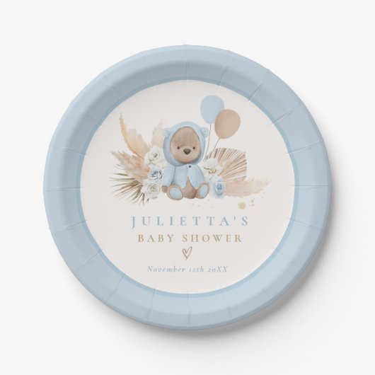 Boho Teddy Bear Blue Bearly Wait Baby Dusche Pappteller (Vorderseite)