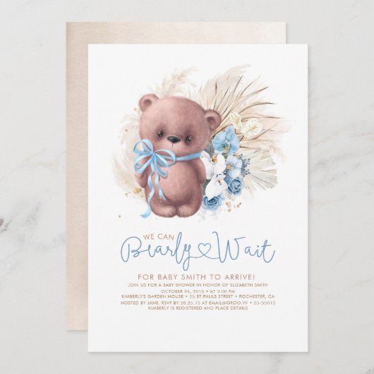 Boho Teddy Bear Blue Bearly Wait Boy Baby Dusche Einladung (Vorne/Hinten)