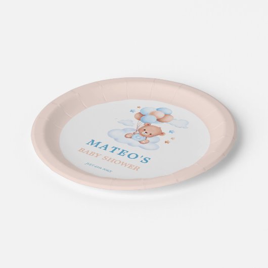 Boho Teddy Bear Blue Tan Bearly Wait Baby Dusche Pappteller (Schrägansicht)