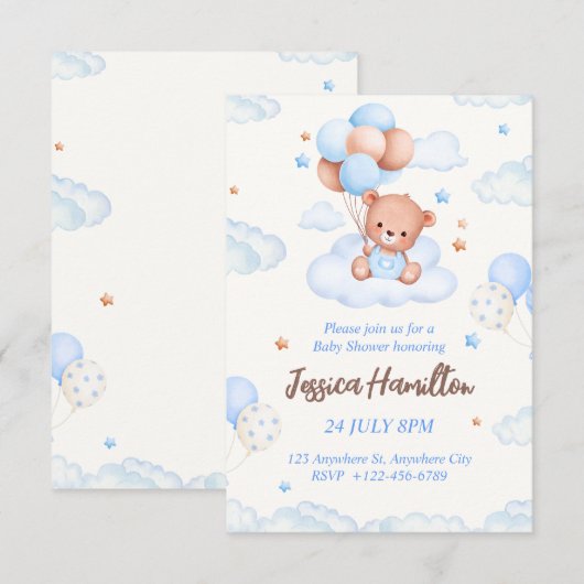 Boho Teddy Bear Boy Blue Baby Dusche Einladung (Vorne/Hinten)