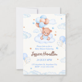 Boho Teddy Bear Boy Blue Baby Dusche Einladung