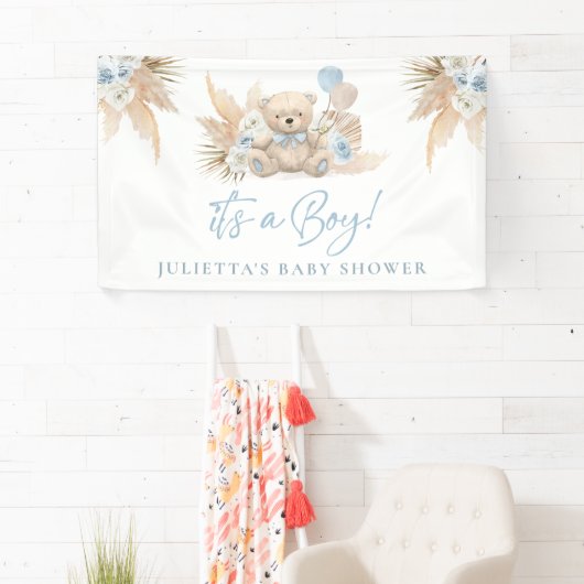 Boho Teddy Bear Boy Blue Baby Dusche Willkommen Banner (Insitu)