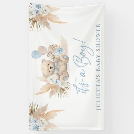 Boho Teddy Bear Boy Blue Baby Dusche Willkommen Banner (Vertikal)