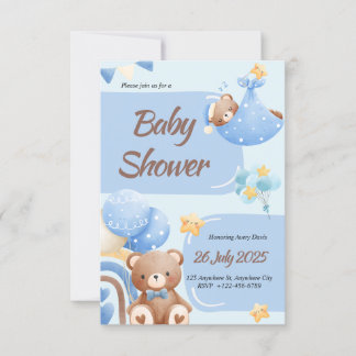 Boho Teddy Bear Boy Blue Baby Shower Invitation Einladung